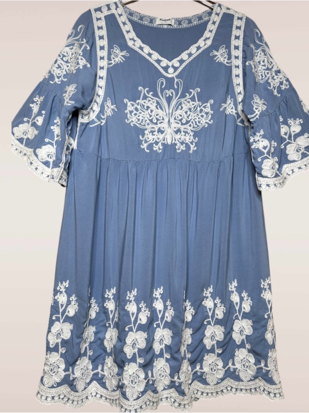 Blue & White Embroidered Bohemian Peasant Mini Dress Festival Cottagecore 2X